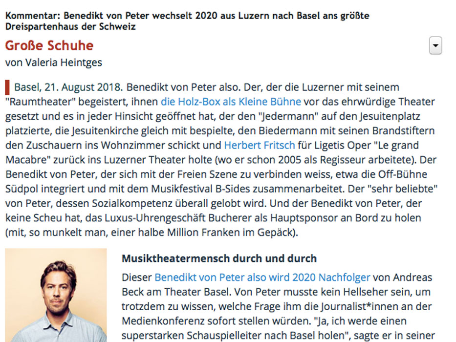 Kommentar von Valeria Heintges auf Nachtkritik.de zum Wechsel von Intendant Benedikt von Peter von Luzern nach Basel